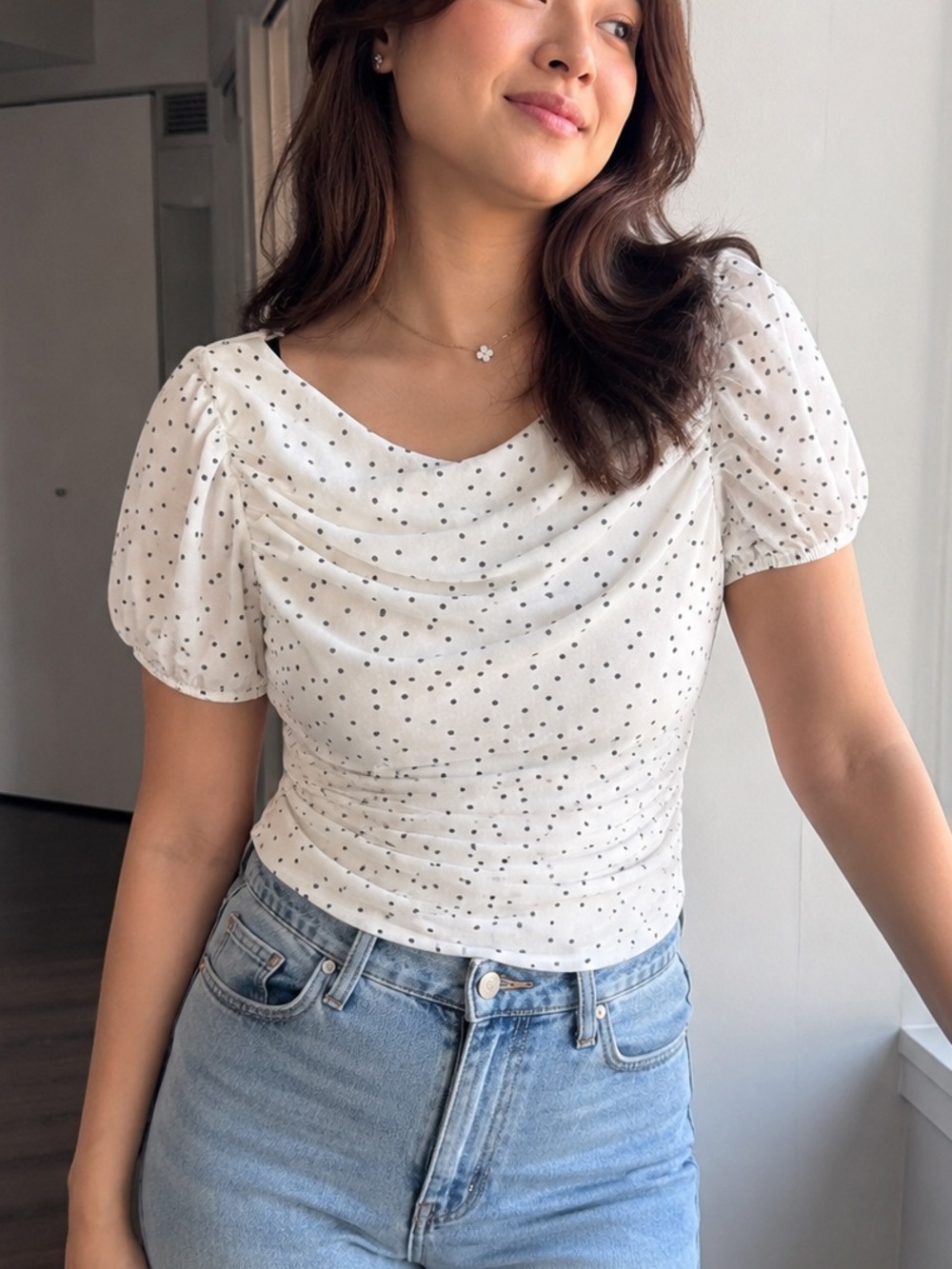 H&M White Polka Dot Puff-Sleeve Blouse